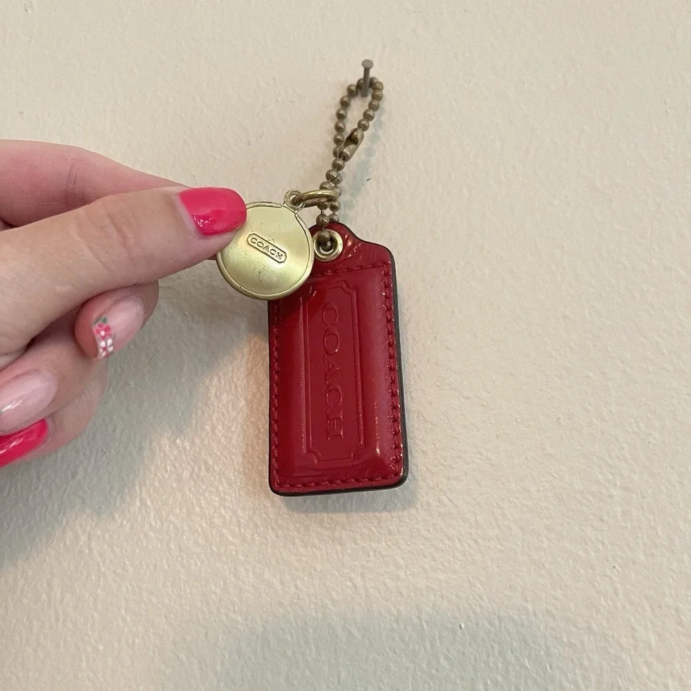 Vintage Coach Red Patent Leather Hang Tag Key Fob Bag Charm Brass Gold